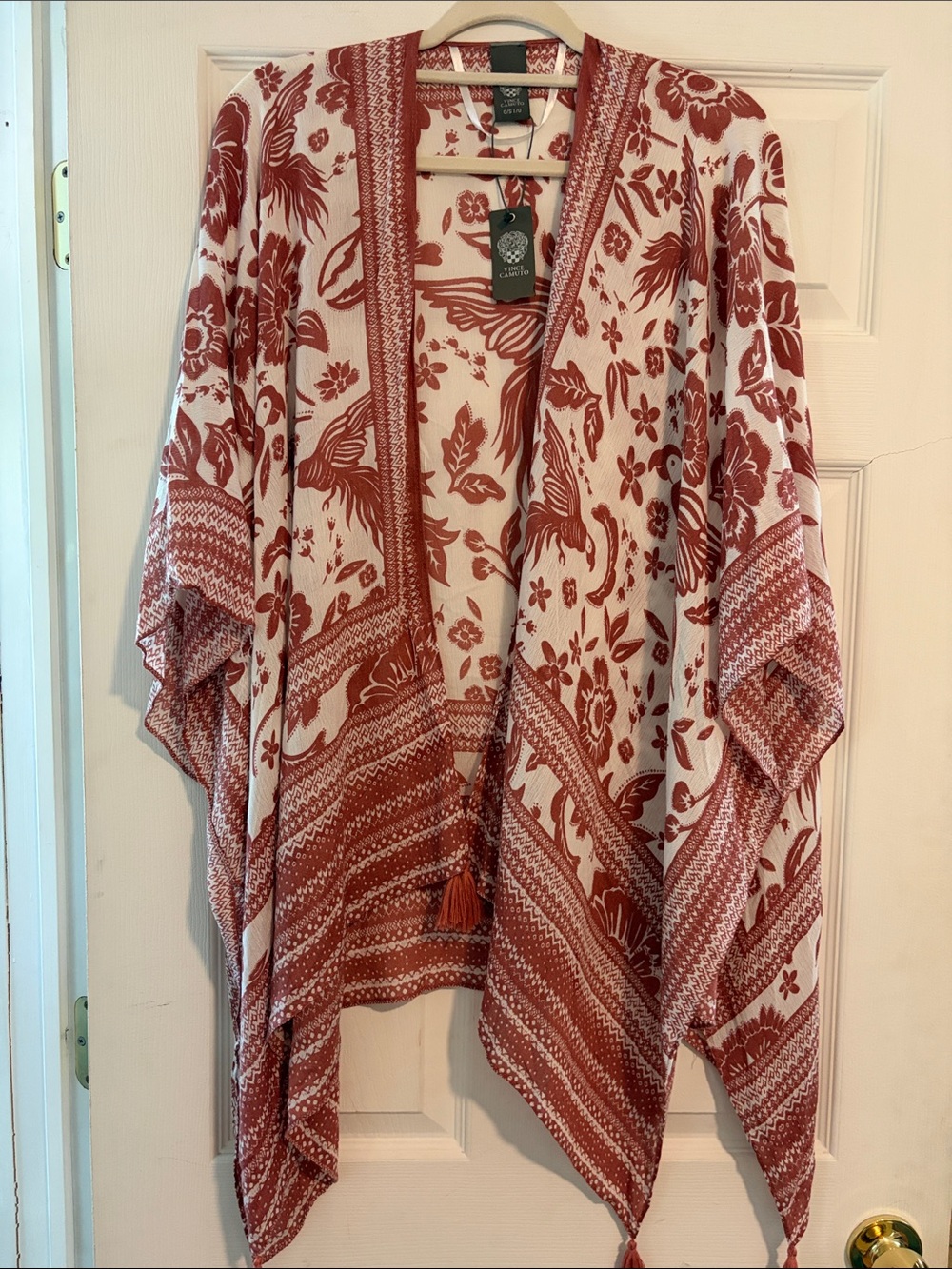 Vince Camuto Cream and Rust Floral Kimono-Style Poncho with Tassels